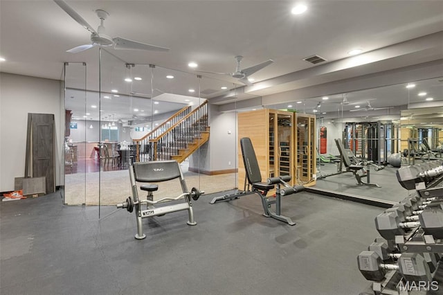 10711 Kennerly Rd, Saint Louis, MO 63128 - workout area with a ceiling fan and recessed lighting