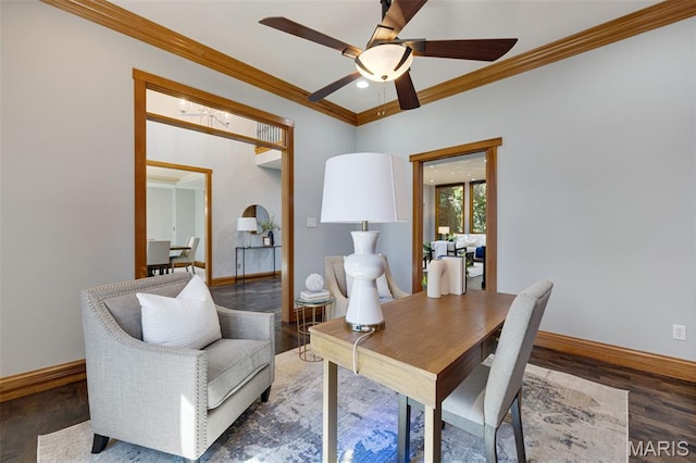 10711 Kennerly Rd, Saint Louis, MO 63128 - office space with crown molding, ceiling fan, baseboards, and wood finished floors