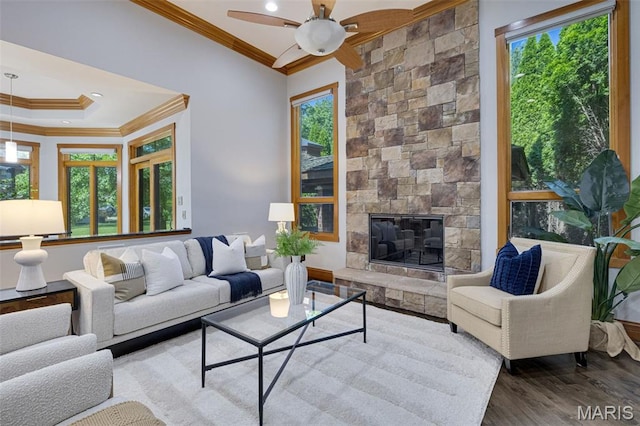 10711 Kennerly Rd, Saint Louis, MO 63128 - living area with ornamental molding, ceiling fan, wood finished floors, a stone fireplace, and a raised ceiling