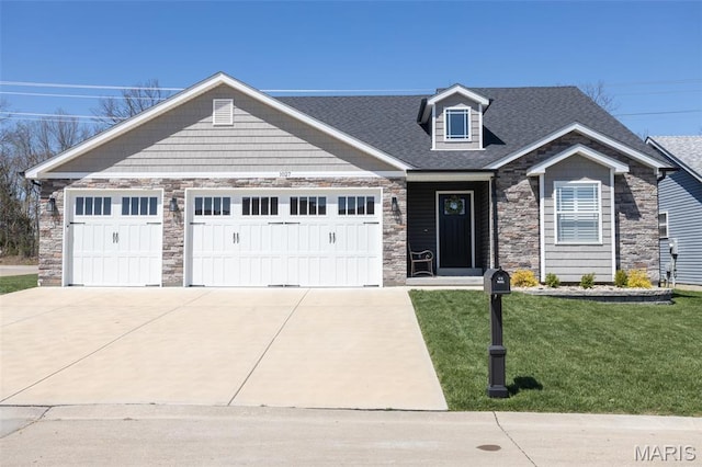 1027 Watering Stone Ct, Pevely, MO 63070 - craftsman-style home featuring stone siding, a front lawn, a garage, and concrete driveway