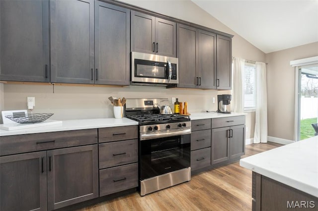 1027 Watering Stone Ct, Pevely, MO 63070 - kitchen featuring stainless steel appliances, light wood finished floors, lofted ceiling, light countertops, and baseboards