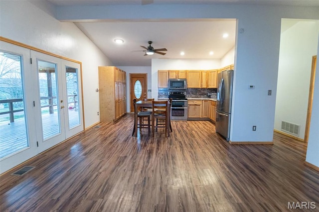 777 Squaw Rd, Cuba, MO 65453 - kitchen featuring stainless steel appliances, dark wood-style floors, french doors, decorative backsplash, and a ceiling fan