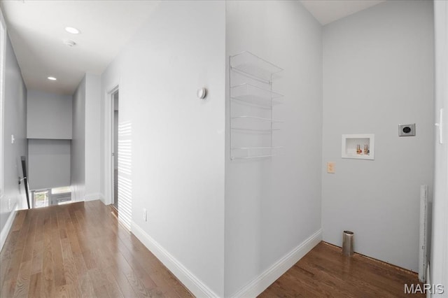 3974 Utah St, Saint Louis, MO 63116 - washroom with hookup for an electric dryer, washer hookup, wood finished floors, baseboards, and recessed lighting