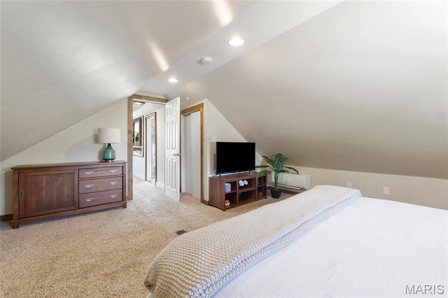 bedroom with light colored carpet, lofted ceiling, recessed lighting, and baseboards