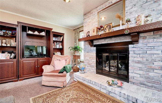 26168 Ridgetrail Dr, Warrenton, MO 63383 - carpeted living area with a fireplace, a textured ceiling, and ornamental molding