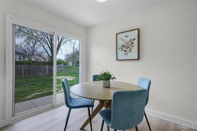 dining room featuring baseboards, light wood finished floors, and a textured ceiling