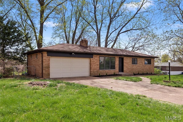 4410 Robbins Mill Rd, Florissant, MO 63034 - ranch-style home with a chimney, brick siding, a garage, driveway, and a front yard