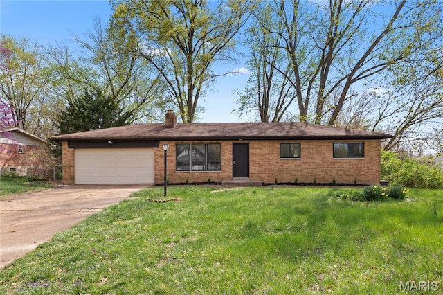 4410 Robbins Mill Rd, Florissant, MO 63034 - ranch-style house featuring a garage, brick siding, concrete driveway, a front lawn, and a chimney