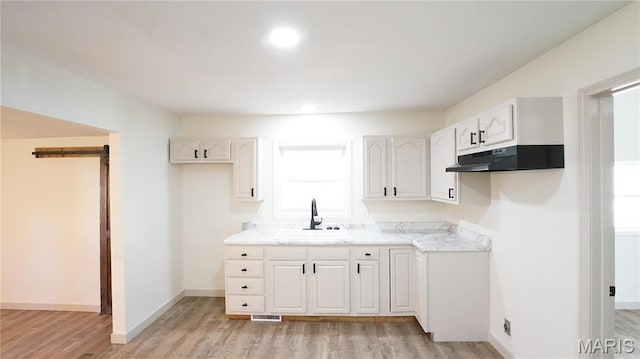 kitchen with a sink, under cabinet range hood, light wood-type flooring, healthy amount of natural light, and recessed lighting