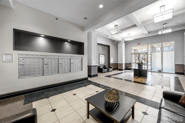 community lobby featuring beam ceiling and recessed lighting