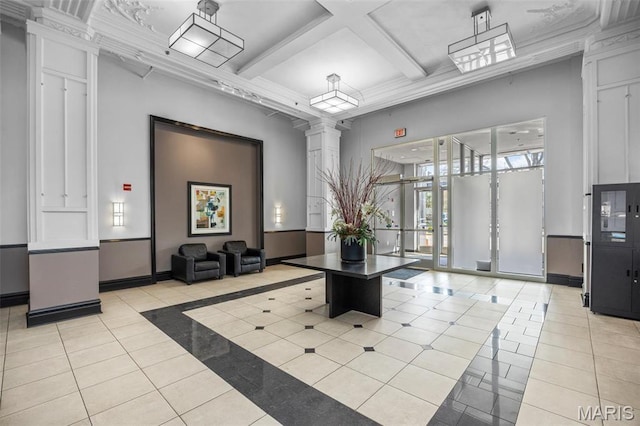 building lobby with coffered ceiling and beamed ceiling