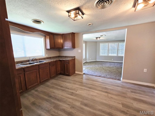828 W Elk St, Dexter, MO 63841 - kitchen with a textured ceiling, a sink, light wood-type flooring, baseboards, and open floor plan
