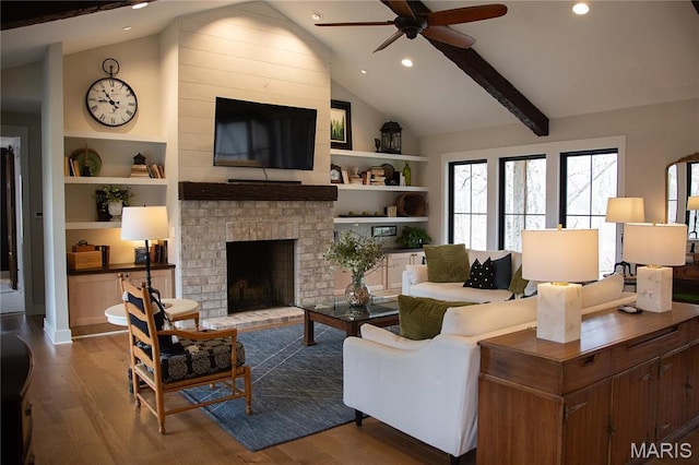 3 Inland Ct, Wright City, MO 63390 - living room featuring built in shelves, dark wood-style flooring, a ceiling fan, recessed lighting, and a brick fireplace
