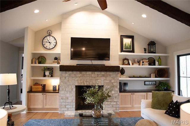 3 Inland Ct, Wright City, MO 63390 - living area with lofted ceiling, built in features, light wood-style flooring, a brick fireplace, and recessed lighting