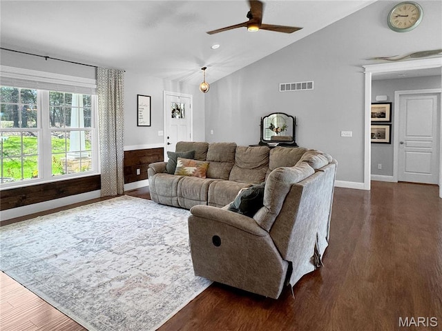 641 Ponderosa Trl, Beaufort, MO 63013 - living area with a ceiling fan, vaulted ceiling, dark wood-style flooring, and baseboards
