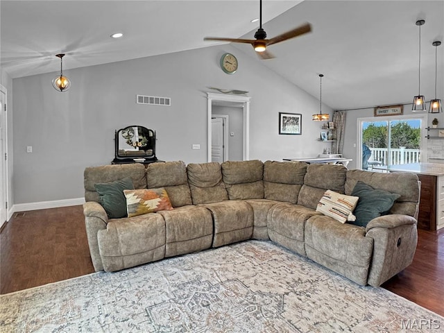641 Ponderosa Trl, Beaufort, MO 63013 - living room with ceiling fan, wood finished floors, vaulted ceiling, baseboards, and recessed lighting