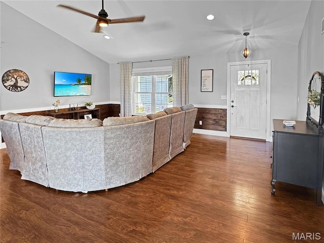 641 Ponderosa Trl, Beaufort, MO 63013 - living room featuring dark wood-style flooring, ceiling fan, vaulted ceiling, and recessed lighting