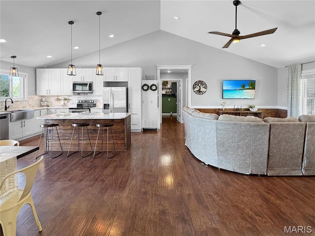 641 Ponderosa Trl, Beaufort, MO 63013 - living area featuring healthy amount of natural light, dark wood finished floors, a ceiling fan, high vaulted ceiling, and recessed lighting