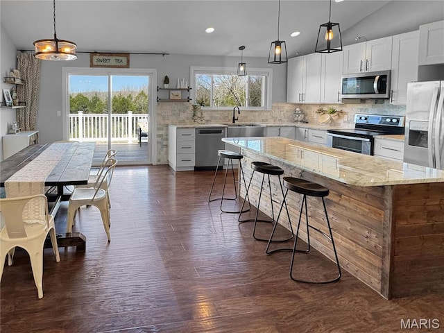 641 Ponderosa Trl, Beaufort, MO 63013 - kitchen featuring stainless steel appliances, healthy amount of natural light, tasteful backsplash, recessed lighting, and vaulted ceiling
