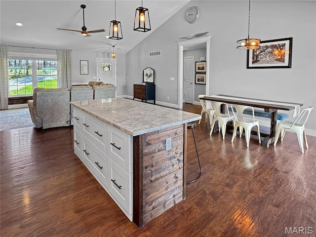 641 Ponderosa Trl, Beaufort, MO 63013 - kitchen featuring dark wood-style flooring, a ceiling fan, white cabinetry, a center island, and hanging light fixtures