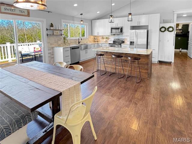 641 Ponderosa Trl, Beaufort, MO 63013 - kitchen featuring stainless steel appliances, a sink, dark wood finished floors, a kitchen island, and lofted ceiling