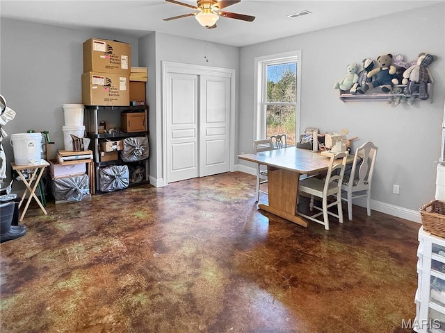 641 Ponderosa Trl, Beaufort, MO 63013 - dining space featuring a ceiling fan, concrete floors, and baseboards
