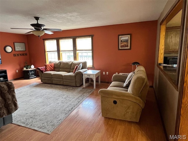 10303 Woodberry Rd, Potosi, MO 63664 - living area with wood finished floors, ceiling fan, and a textured ceiling