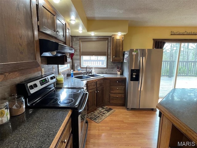 10303 Woodberry Rd, Potosi, MO 63664 - kitchen with appliances with stainless steel finishes, a sink, ventilation hood, light wood-style flooring, and a textured ceiling