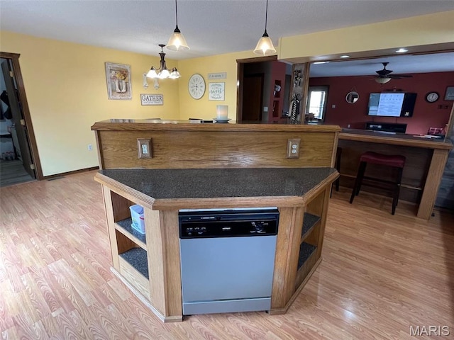 10303 Woodberry Rd, Potosi, MO 63664 - kitchen with open shelves, dishwashing machine, dark countertops, light wood finished floors, and a ceiling fan