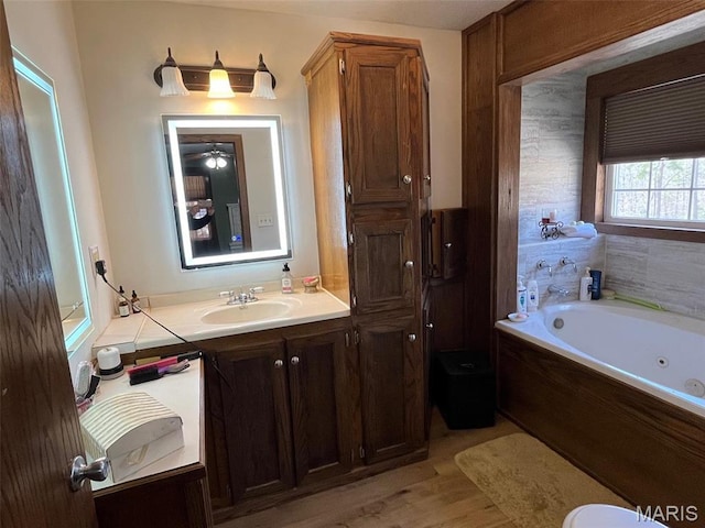 10303 Woodberry Rd, Potosi, MO 63664 - bathroom with a tub with jets, wood finished floors, and vanity