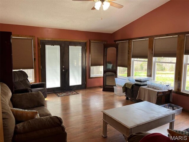 10303 Woodberry Rd, Potosi, MO 63664 - living room featuring vaulted ceiling, ceiling fan, french doors, and light wood-style flooring