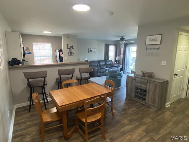dining space with plenty of natural light, dark wood finished floors, a ceiling fan, and baseboards