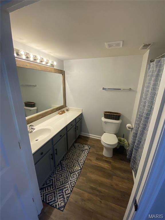 bathroom with vanity, wood finished floors, and toilet