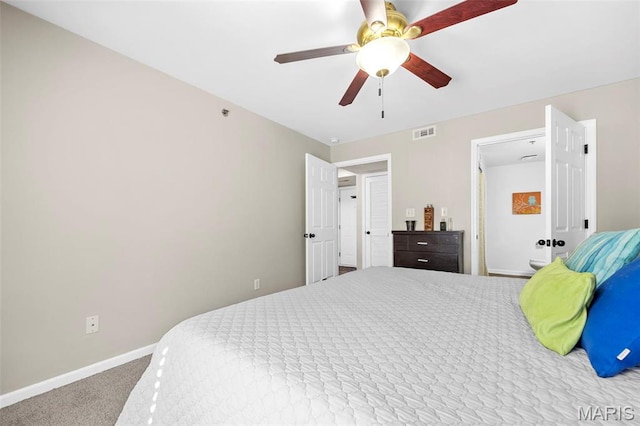 bedroom with baseboards, carpet floors, and ceiling fan