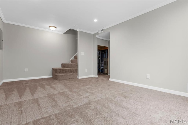 11148 Whispering Oaks Dr, Saint Louis, MO 63136 - unfurnished living room featuring ornamental molding, carpet flooring, baseboards, stairs, and recessed lighting