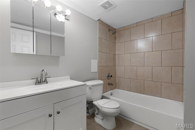 11148 Whispering Oaks Dr, Saint Louis, MO 63136 - bathroom with toilet, tile patterned floors, vanity,  shower combination, and ornamental molding