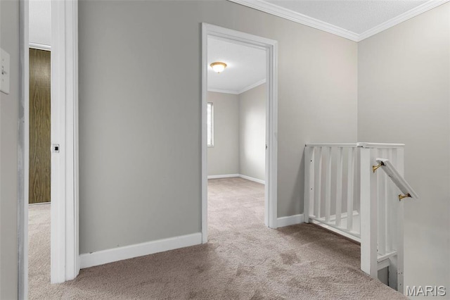 11148 Whispering Oaks Dr, Saint Louis, MO 63136 - corridor with an upstairs landing, carpet, crown molding, and baseboards