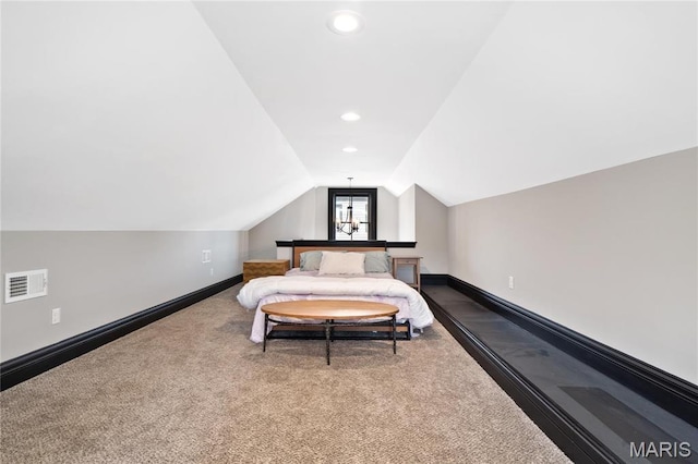 bedroom with carpet, vaulted ceiling, baseboards, and recessed lighting
