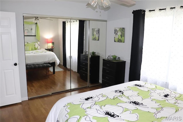 bedroom featuring wood finished floors, a closet, and ceiling fan