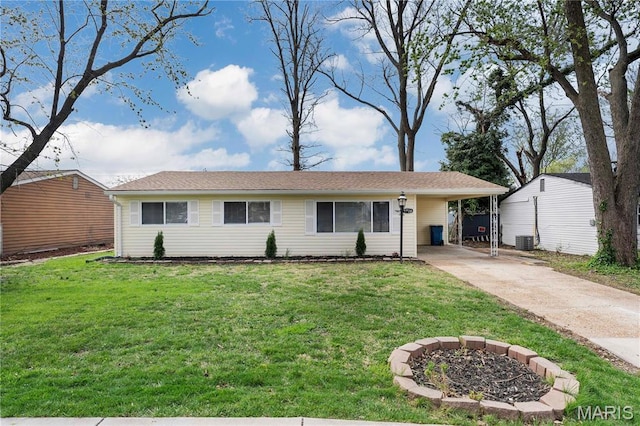 9738 Traverse Ln, Saint Louis, MO 63134 - single story home with concrete driveway, central AC, an attached carport, and a front lawn