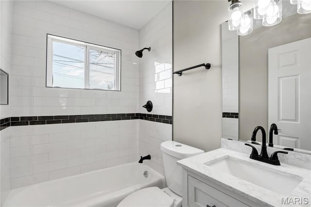 9738 Traverse Ln, Saint Louis, MO 63134 - bathroom featuring shower / bathtub combination, toilet, vanity, and a chandelier