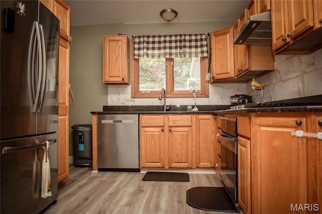kitchen featuring stainless steel appliances, under cabinet range hood, tasteful backsplash, light wood-type flooring, and a sink