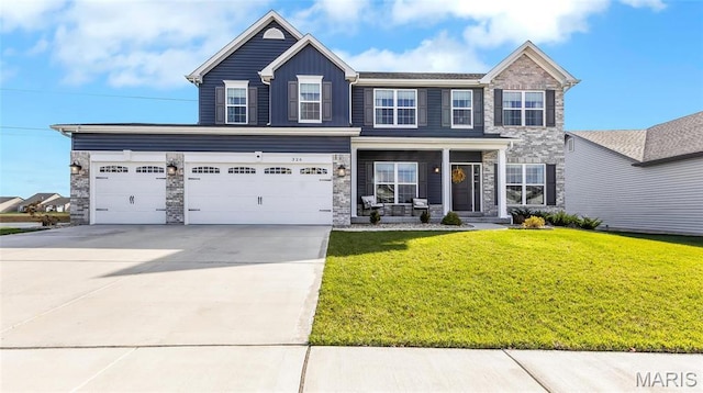 view of front facade featuring concrete driveway, board and batten siding, a front yard, stone siding, and covered porch