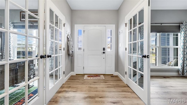 entryway featuring french doors, wood finished floors, and plenty of natural light
