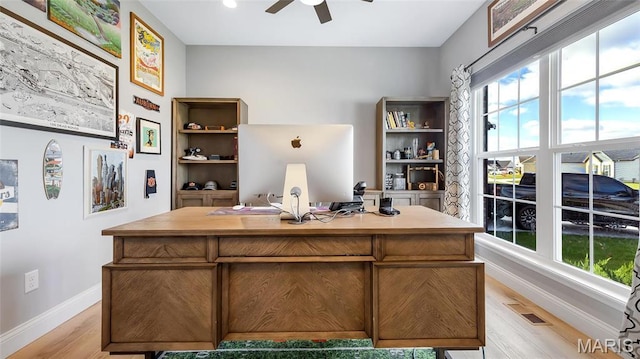 office area featuring a ceiling fan, light wood-style floors, baseboards, and recessed lighting