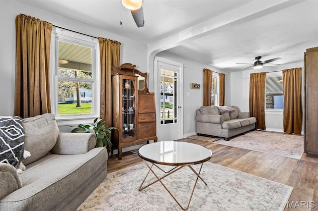 living area featuring a ceiling fan, healthy amount of natural light, and light wood-style floors
