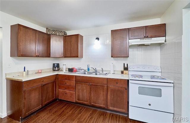 595 Cap Au Gris St, Troy, MO 63379 - kitchen featuring white electric range oven, under cabinet range hood, a sink, and dark wood-type flooring