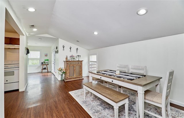 595 Cap Au Gris St, Troy, MO 63379 - dining room featuring vaulted ceiling, dark wood finished floors, baseboards, healthy amount of natural light, and recessed lighting
