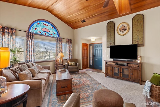 1009 Hemingway Ln Unit H, Weldon Spring, MO 63304 - living room featuring wood ceiling, vaulted ceiling, and carpet floors
