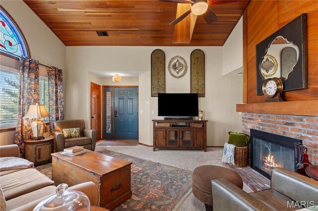 1009 Hemingway Ln Unit H, Weldon Spring, MO 63304 - living area with carpet, a ceiling fan, wood ceiling, lofted ceiling, and baseboards